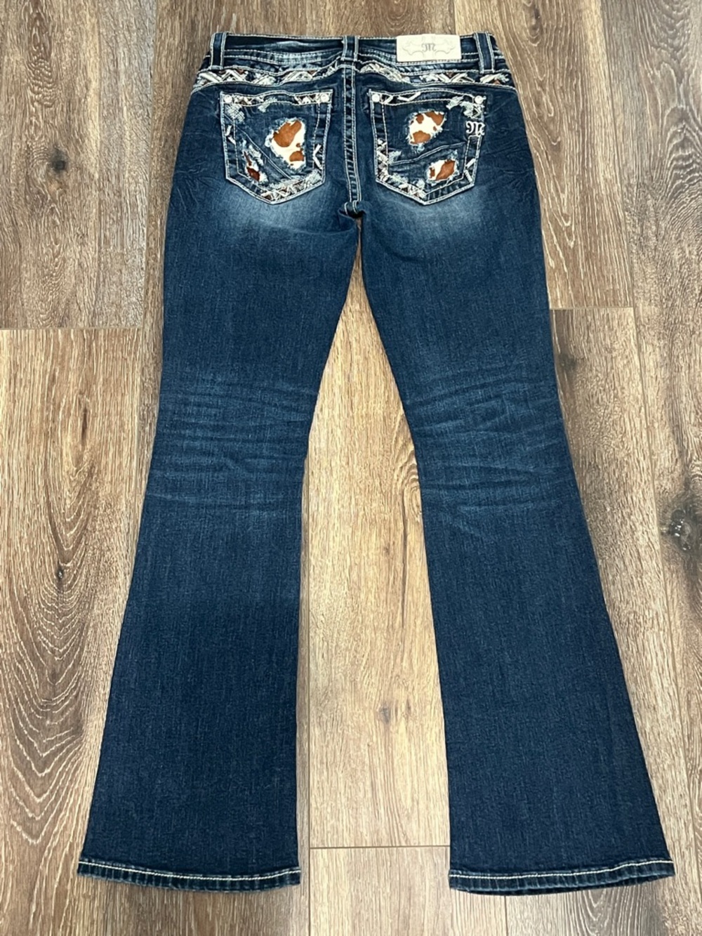 MISS ME Bootcut Cowhide Patch Jeans W/Rhinestone & Embroidered Embellishments